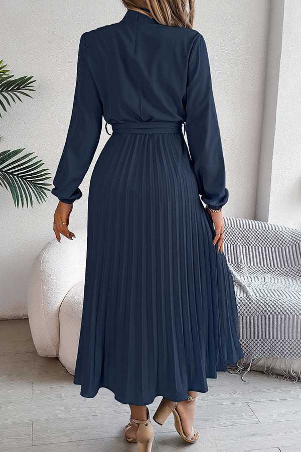Elegant Stand-collar Long-sleeve Waisted Tie-up Pleated Midi Dress-consonak