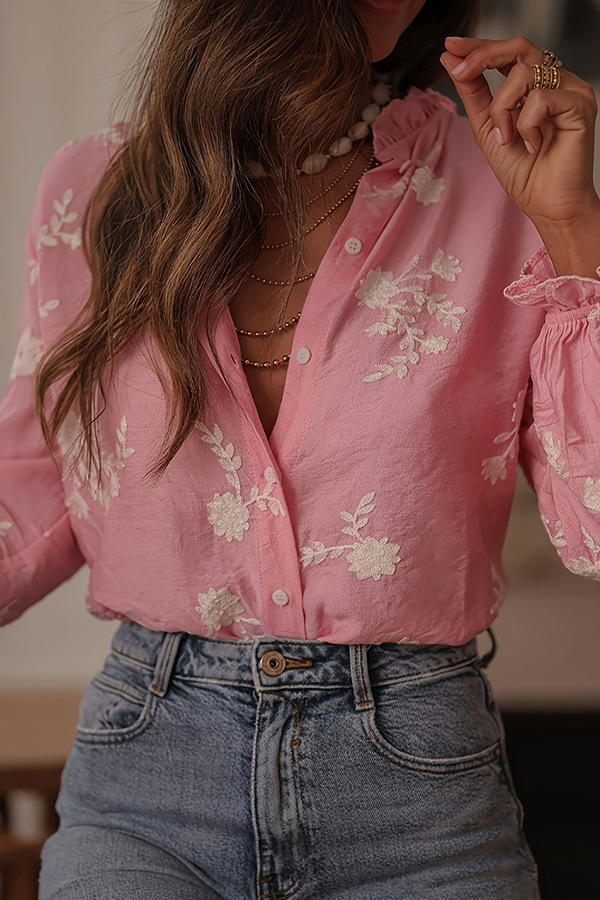 Floral Embroidery Long-Sleeved Button-Up Elegant Shirt-consonak