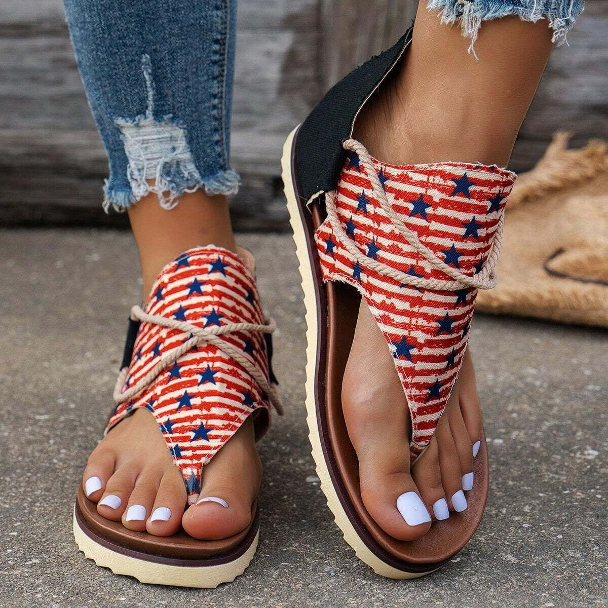 Independence Day Summer New Printed Back Zipper Roman Beach Sandals-consonak