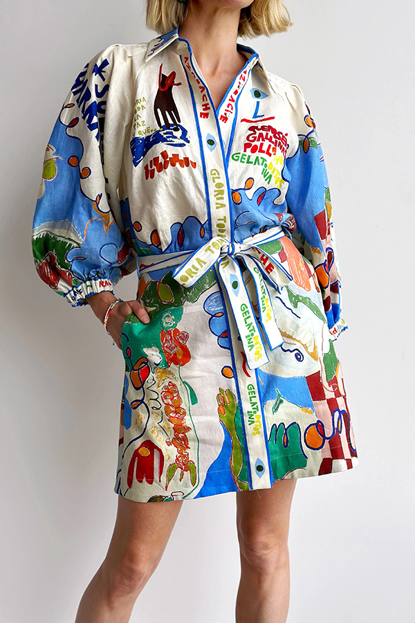 Phebe Linen Blend Unique Print Pocket Waist Tie Mini Dress-consonak