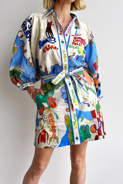 Phebe Linen Blend Unique Print Pocket Waist Tie Mini Dress-consonak