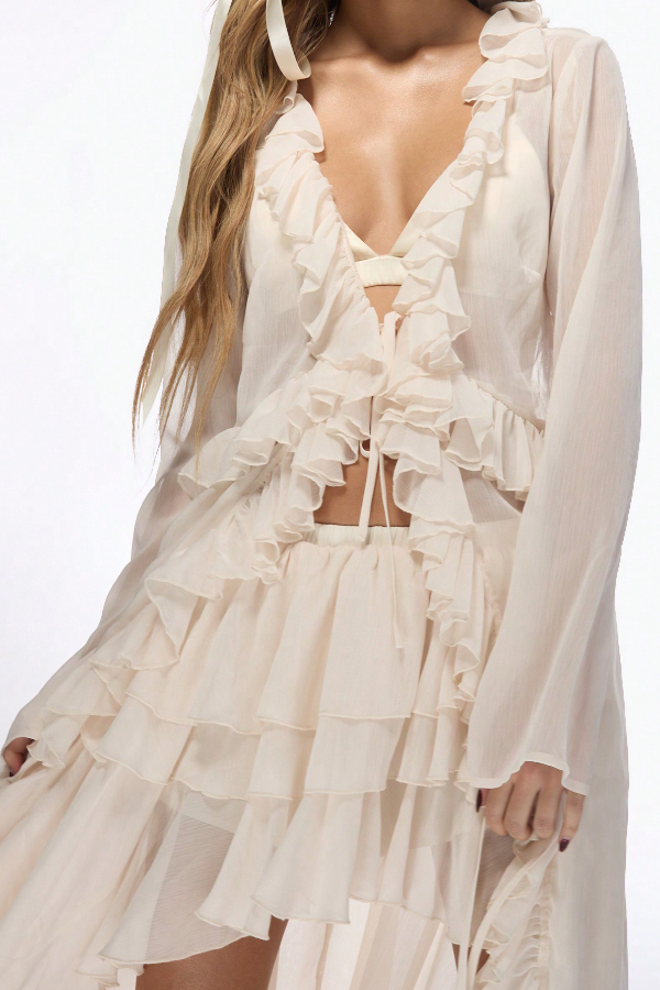 Solid Color Loose Long-sleeved Ruffled Holiday Cover-up Robe-consonak