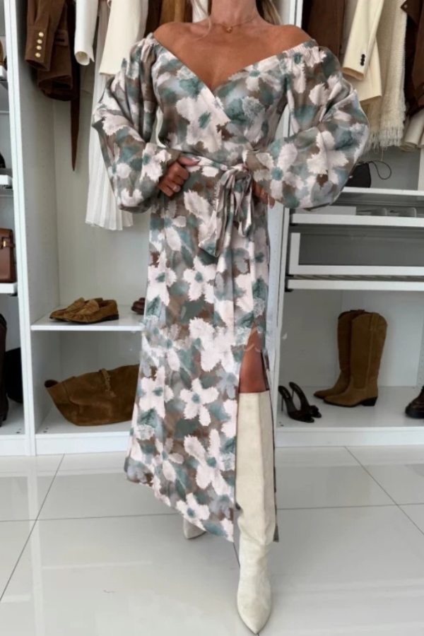 Unique Printed V-neck Long-sleeved Waist Tie Slit Maxi Dress-consonak