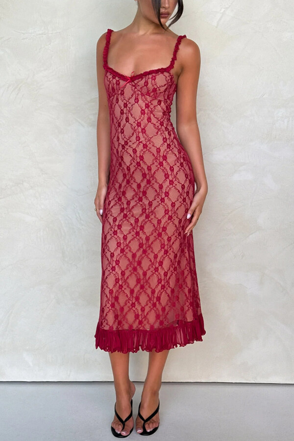 Stylish Plaid Camisole Lace Slim-fit Elegant Midi Dress-consonak