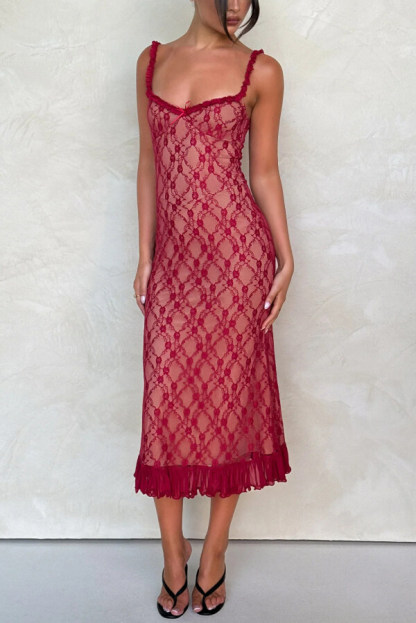 Stylish Plaid Camisole Lace Slim-fit Elegant Midi Dress-consonak