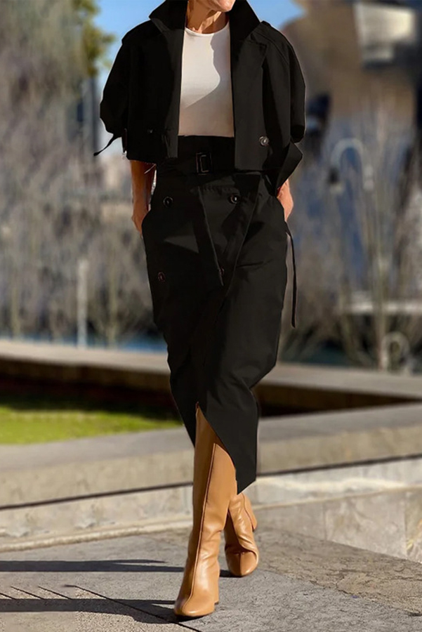 Work Style Lapel Long Sleeve Jacket and Button Belt Pocketed Slit Midi Skirt Set | Consonak