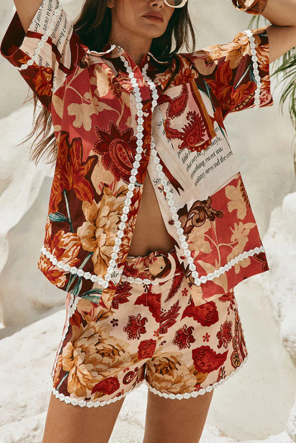 Unique Printed Collared Short-sleeved Loose-fitting Shirt and Casual Floral Trim Shorts Set-consonak