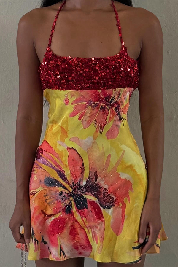 Aura Sequined Halter Backless Blossom Mini Dress-Consonak