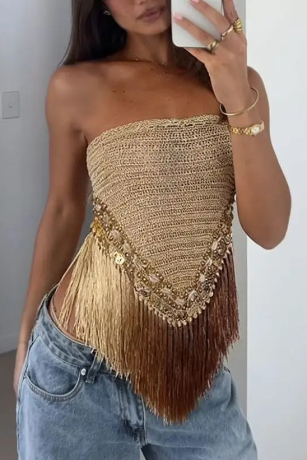 Fashionable Sleeveless Off-shoulder Tassel Hem Strapless Top | Consonak