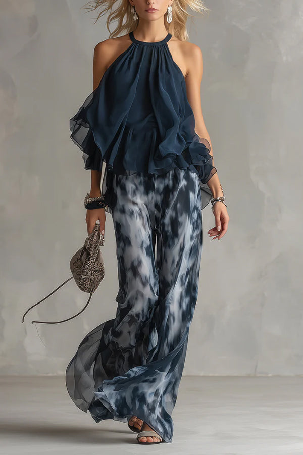 Navy Blue Camisole and Printed Wide-leg Chiffon Suit-Consonak