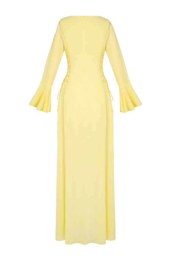 Fashionable Beaded Long-sleeved Square-neck Fitted Waist Tie Maxi Dress-consonak