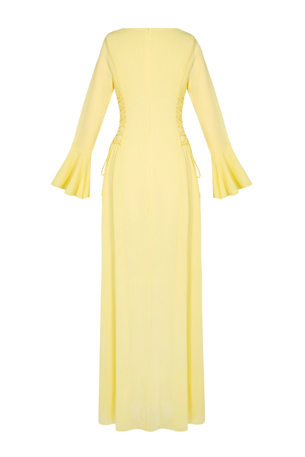 Fashionable Beaded Long-sleeved Square-neck Fitted Waist Tie Maxi Dress-consonak