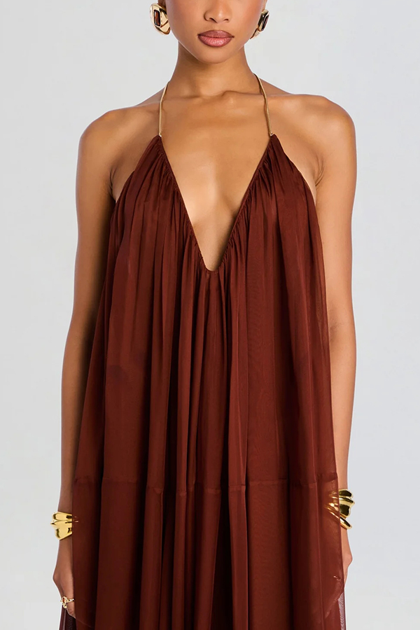 Flowing Lightweight Chiffon Chain Halter Neck Detail Backless A-line Maxi Dress | Consonak