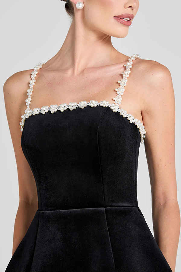 Sweet Poetry Velvet Pearl Trim Straps Pocketed Tulip Style Mini Dress | Consonak