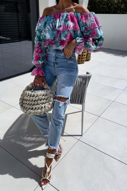 Colorful Botanical Print Sexy Off-shoulder Ruffle Top-consonak