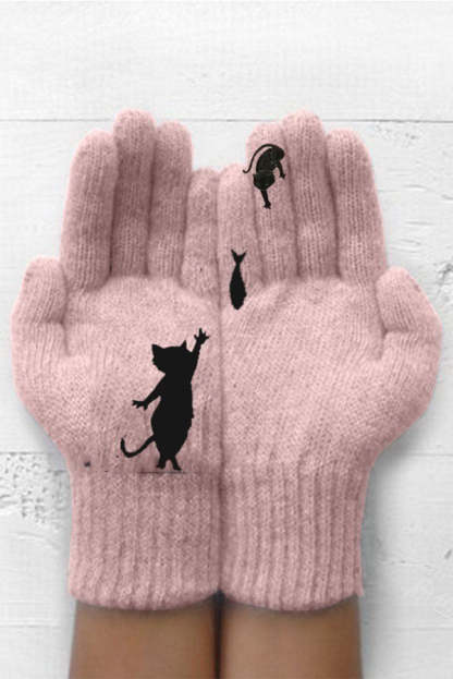 Printed Knitted Gloves Short Thickened Warm Finger Gloves-Cat-consonak
