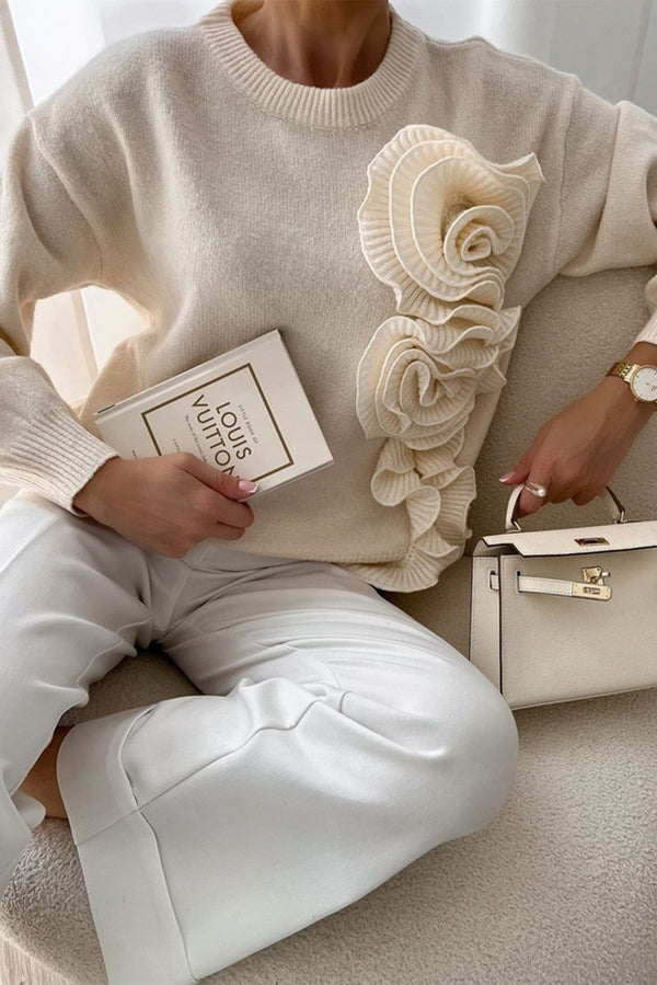 Solid Color 3D Floral Loose Long-sleeved Knit Sweater-consonak