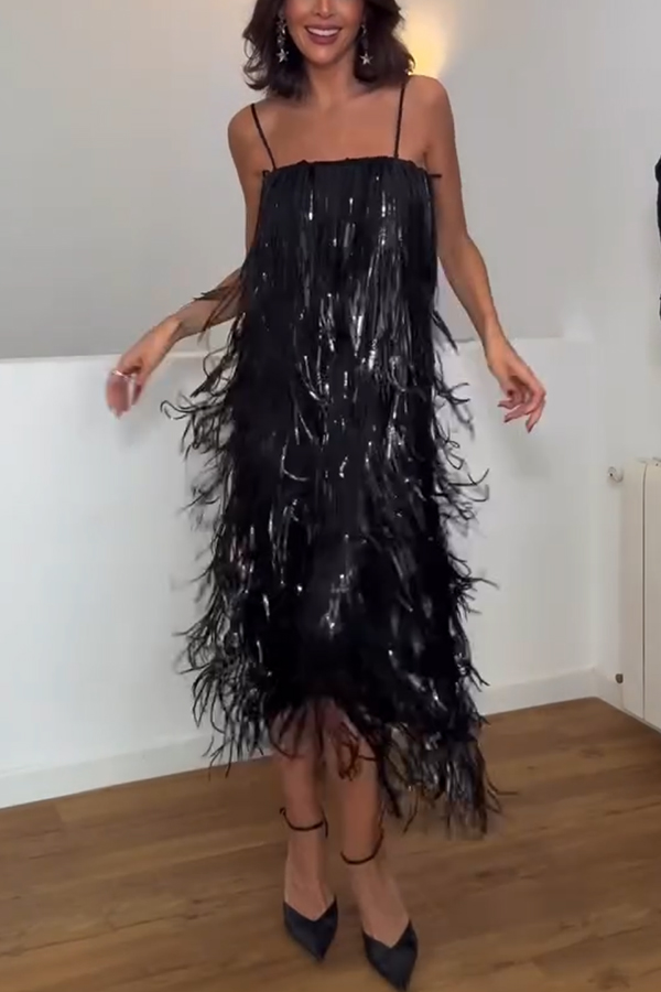 Chic Celebration Layered Sequined Tassels Slip Strapless H-line Midi Dress-consonak