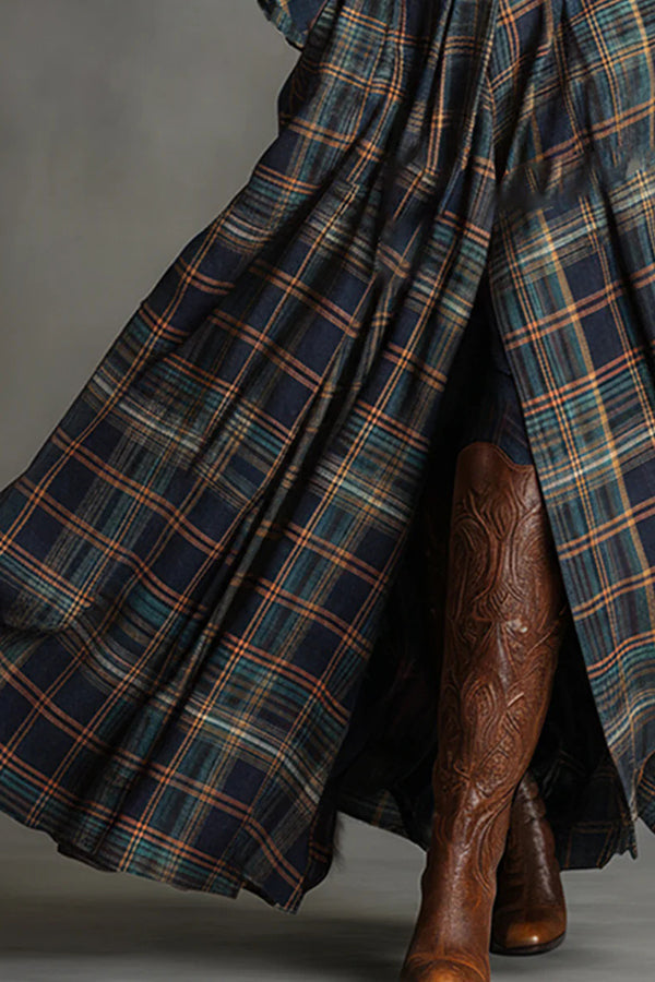 Fashionable Faux Denim Suede Patchwork Long-sleeved Casual Maxi Dress-consonak