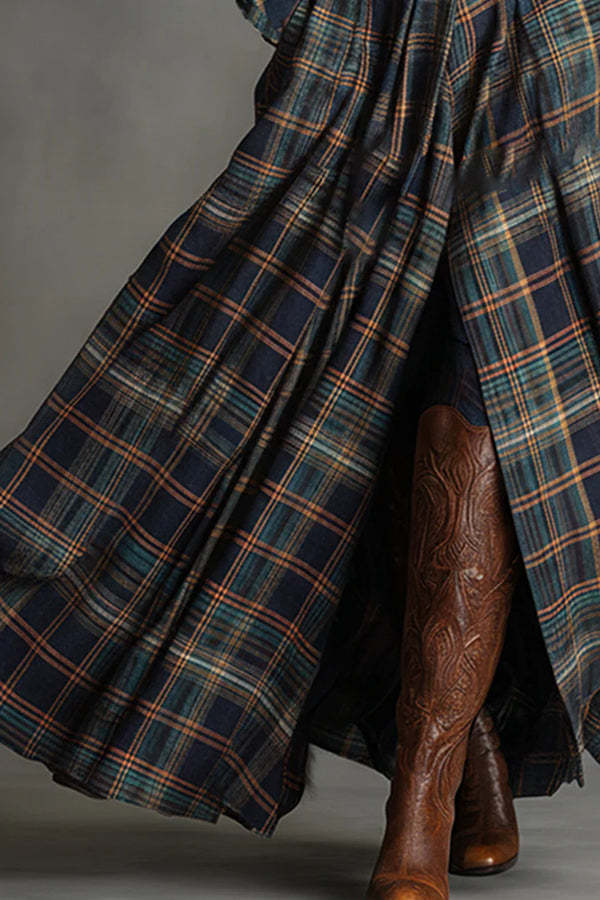 Fashionable Faux Denim Suede Patchwork Long-sleeved Casual Maxi Dress-consonak