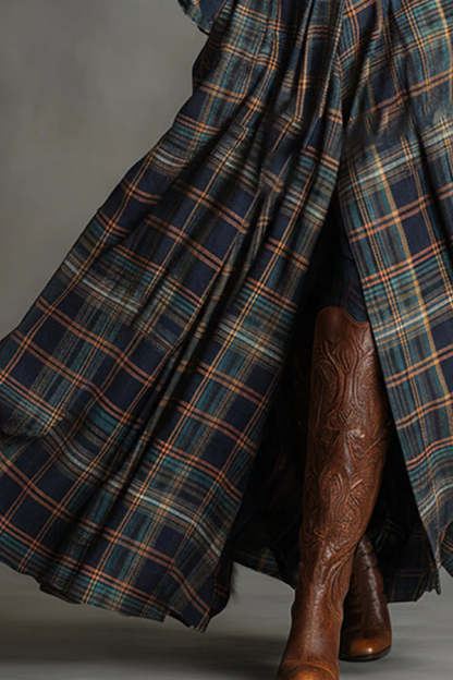 Fashionable Faux Denim Suede Patchwork Long-sleeved Casual Maxi Dress-consonak