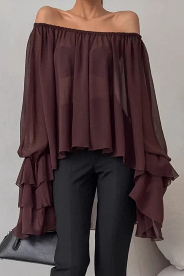 Solid Color Chiffon Off-shoulder Long-sleeved Loose Cover-up Top-consonak