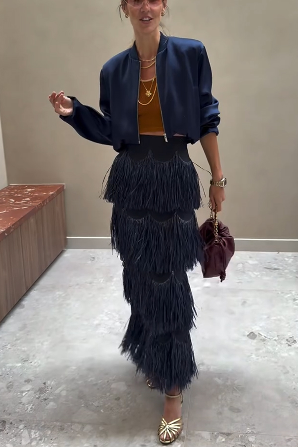 Freestyle Dance Steps Layered Tassels High Rise Back Zipper Slit Maxi Skirt-consonak