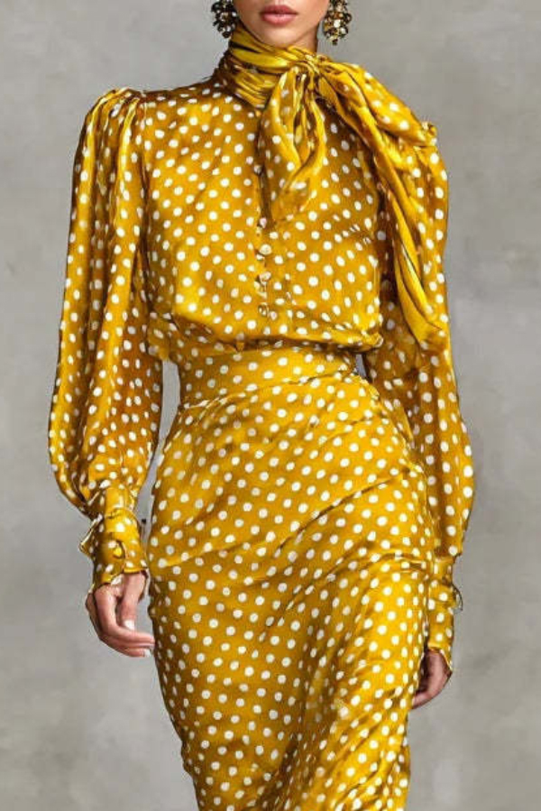 Polka Dot Print High-neck Tie Long-sleeved Fitted Midi Dress