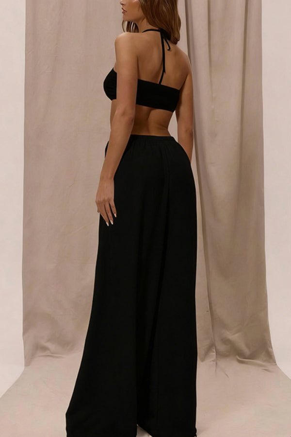 Solid Color Halter Neck Cutout Casual Loose Wide-leg Jumpsuit-consonak