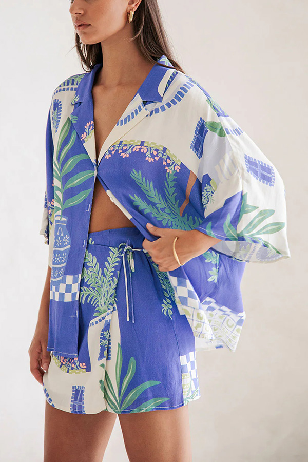 Balmy Summer Nights Unique Print Loose Shirt and Elastic Waist Wrap Lace-up Skirt Set-consonak