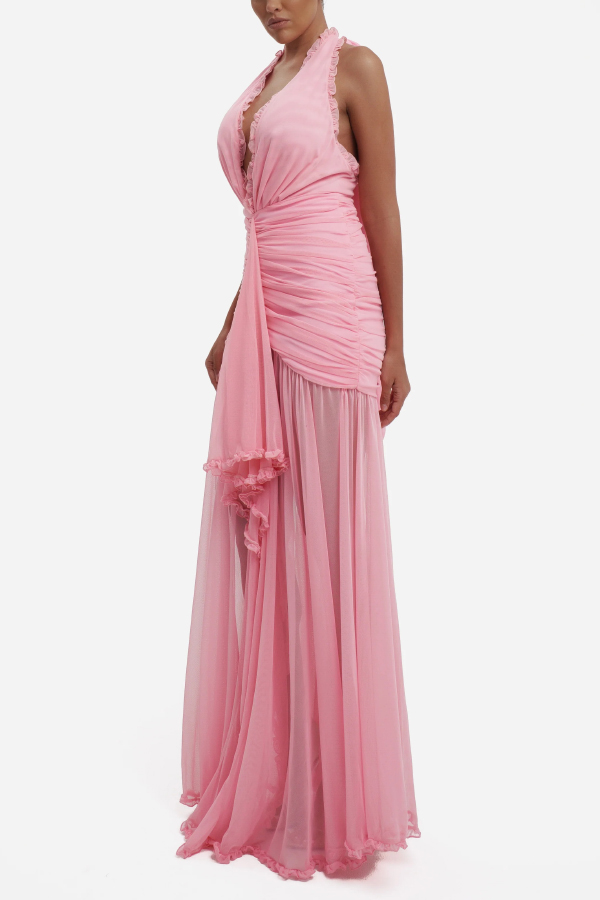 Elegant V-neck Sleeveless Pleated Ribbon Mesh Hem Maxi Dress-consonak