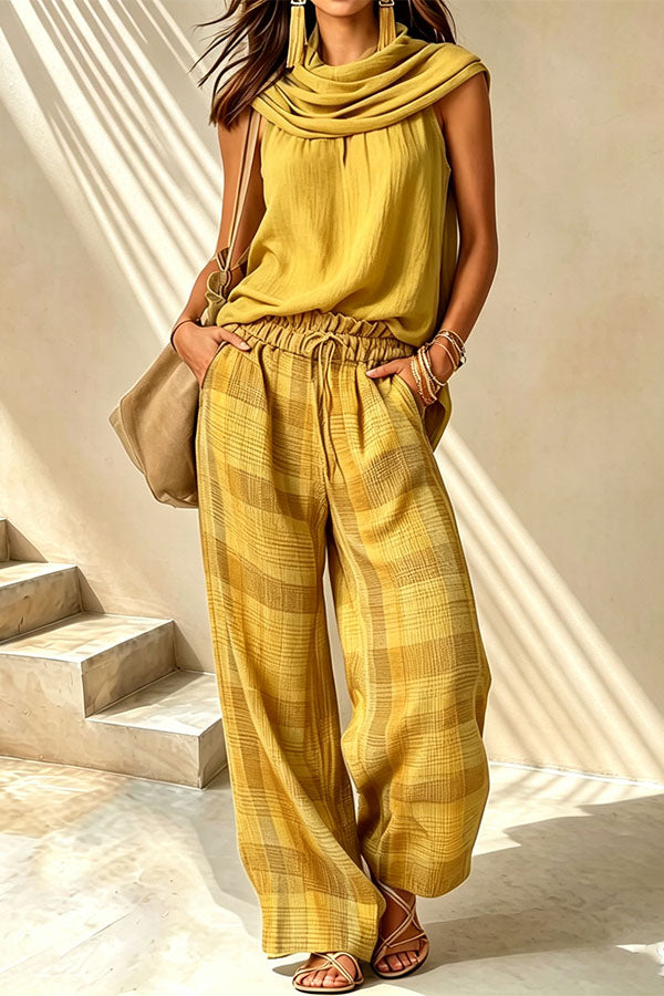 Scarf Collar Top & Matching Plaid Lounge Set-Consonak