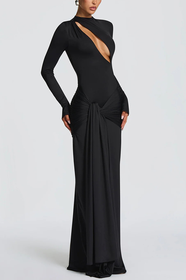 Sexy Cutout Fitted Long-sleeved Pleated Satin Ribbon Maxi Dresses-consonak