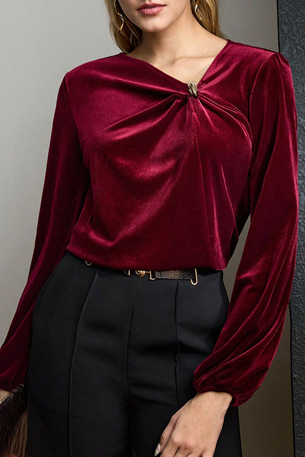 Fashionable Velvet Pleated Long-sleeved Knotted Casual Top-consonak