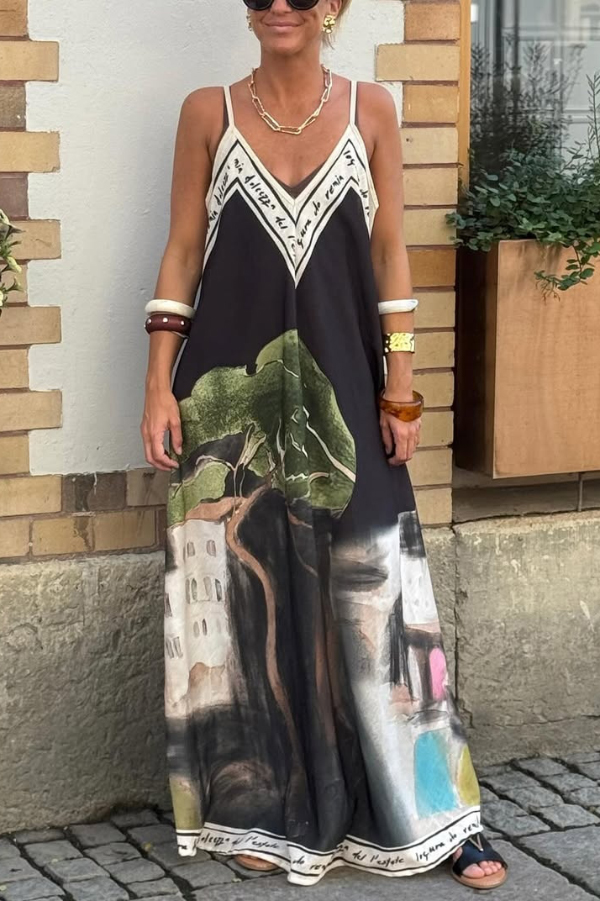 Unique Print Loose-fitting V-neck Casual Holiday Maxi Dress