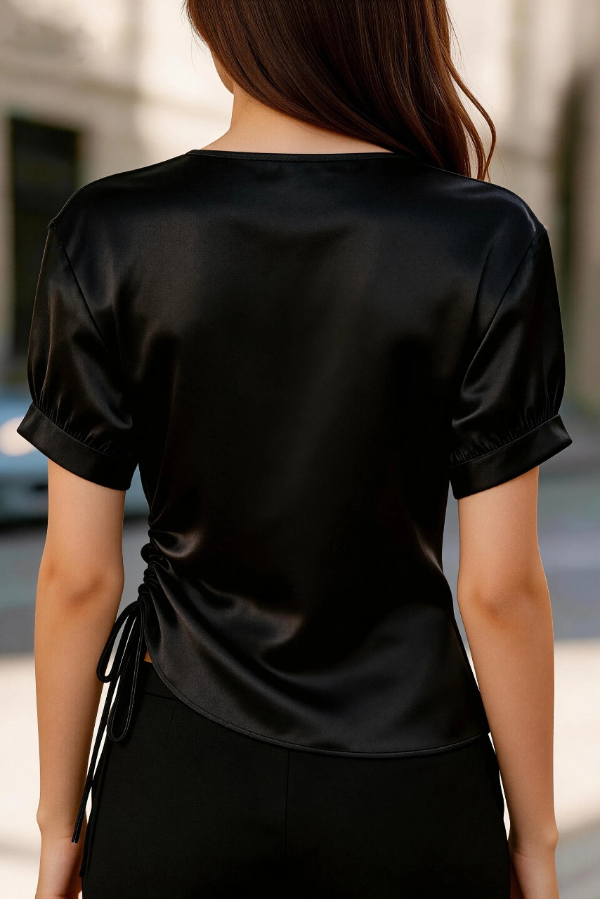 Solid Color Satin V-neck Short-sleeved Side Waist Ruching Casual Top | Consonak