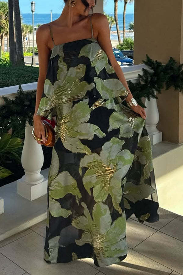 Effortlessly Romantic Floral Print Tiered Slip Square Neck A-line Maxi Dress
