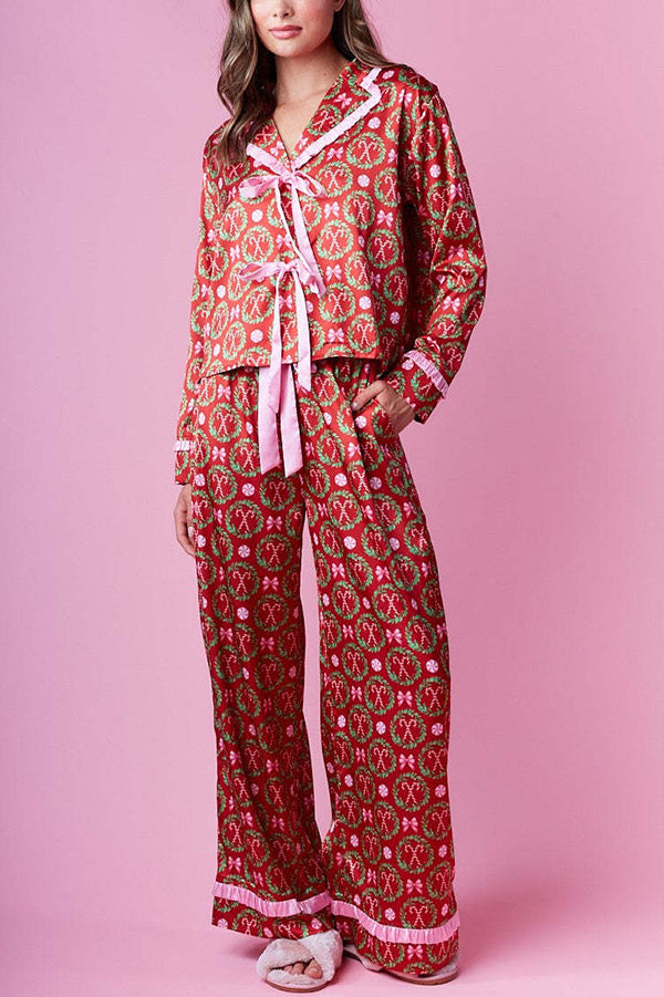 Christmas Print Long-sleeved Tie-waist Loose Top and Elastic Waist Pocket Casual Wide-leg Pants Set-consonak