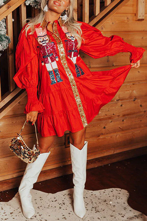 Nutcracker Sequined Button Down Long Sleeve Mini Dress | Consonak