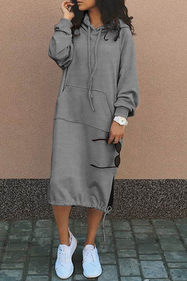 Solid Color Casual Hooded Lace-up Pocket Sweatshirt Style Midi Dress-consonak