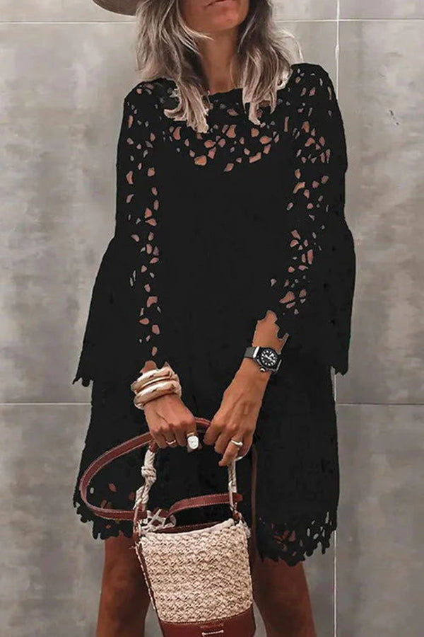 Pretty Presence Floral Crochet Lace Bell Sleeve Mini Dress-consonak