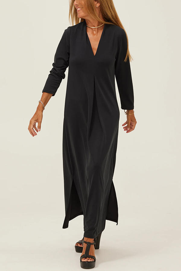 Solid Color V-neck Casual Slit Maxi Dress-consonak