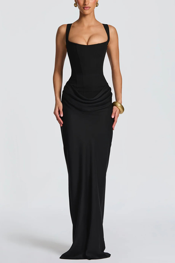 Larrah Square Neck Back Lace-up Satin Drape Hem Maxi Dress | Consonak