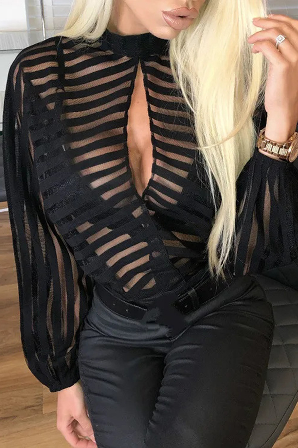 Sexy Hollow See-through Striped Stand-collar Shirt-consonak