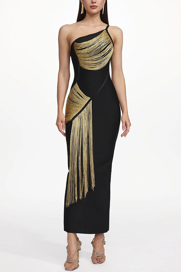 Roanna One Shoulder Sleeveless Glossy Tassels Bandage Maxi Dres