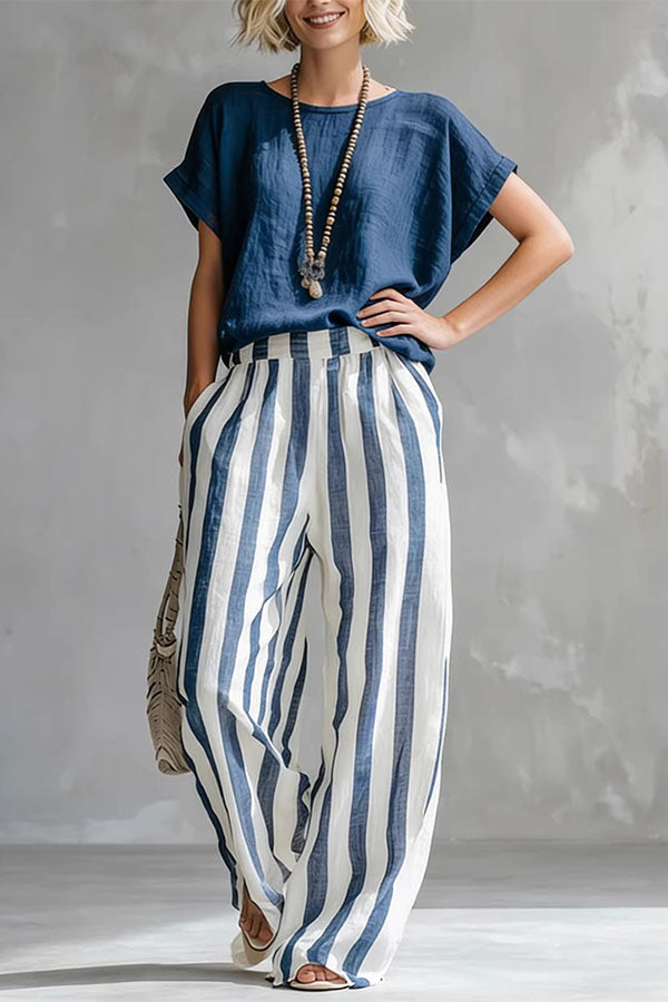 Capri Stripe Two-Piece Linen Top & Pants Se-Consonak