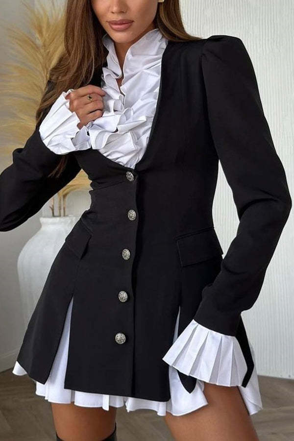 Altair Contrast Ruffled Shirt Patchwork Button Pleated Blazer Mini Dress-consonak