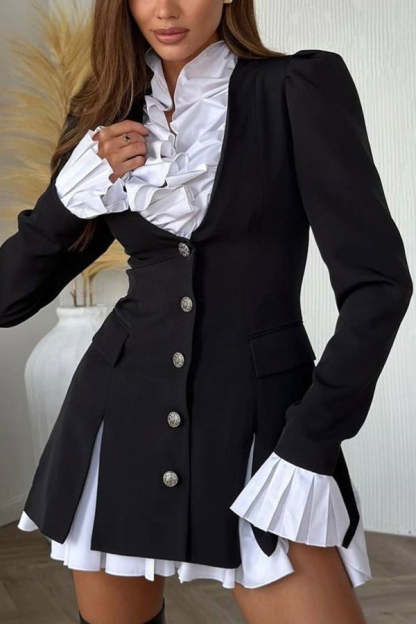 Altair Contrast Ruffled Shirt Patchwork Button Pleated Blazer Mini Dress-consonak
