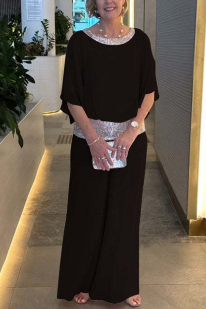 Stylish Sequin Patchwork Dolman Sleeve Top and Elastic Waist Wide Leg Pants Set-consonak