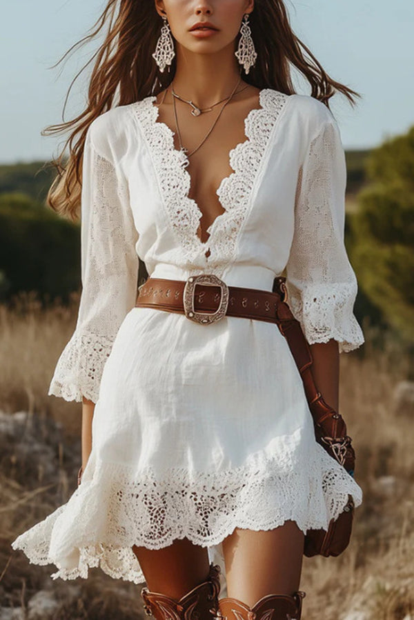 Solid Color V-neck Lace Trim Slim-fit Mini Dress-consonak